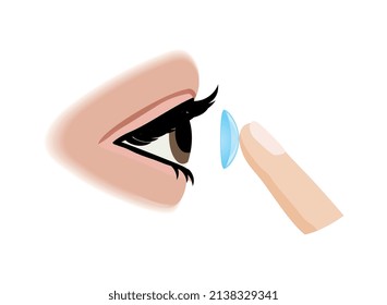 Ophthalmic eye care test composition with isolated image of human eye with finger applying contact lens vector illustration