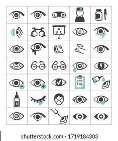 Ophthalmic set icons. Eyes with impaired vision, optical selection glasses, plus, minus, optometric surgery, inflammation, pus of eyeball, laser correction, drops and instructions. Vector graphics.