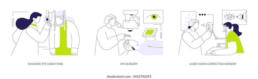 Ophthalmic surgery abstract concept vector illustration set. Diagnose eye conditions, eye surgery, laser vision correction, cataract and glaucoma treatment, optometry abstract metaphor.