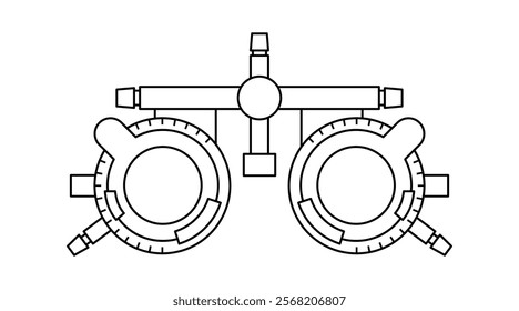 Ophthalmic trial frame device. Adjustable spectacle frame with corrective lenses. Eyesight examination. Ophthalmology center. Refractive error test, squint and presbyopia treatment vector illustration