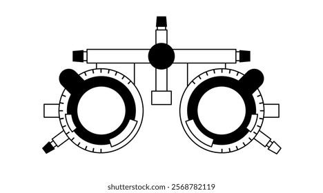 Ophthalmic trial frame device. Adjustable spectacle frame with corrective lenses. Eyesight examination. Ophthalmology center. Refractive error test, squint and presbyopia treatment vector illustration