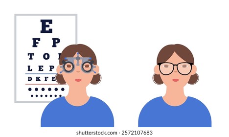 Ophthalmic trial frame, eye chart test. Optometry examining. Vision diseases, eyesight check up and treatment. Appointment in ophthalmology center. Refraction error correction flat vector illustration