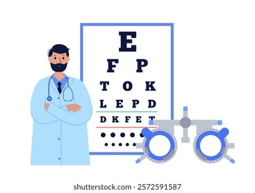 Ophthalmic trial frame, eye chart test. Optometry examining. Vision diseases, eyesight check up and treatment. Appointment in ophthalmology center. Refraction error correction flat vector illustration