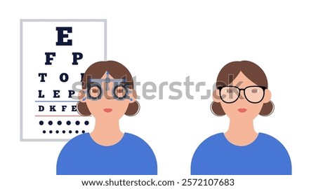 Ophthalmic trial frame, eye chart test. Optometry examining. Vision diseases, eyesight check up and treatment. Appointment in ophthalmology center. Refraction error correction flat vector illustration