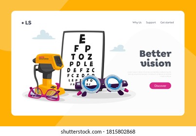 Ophthalmological Equipment Landing Page Template. Chart for Eyesight Check Up, Auto Refractometer and Eyeglasses. Oculist Optician Devices for Checking Vision, Eyes Focus. Cartoon Vector Illustration