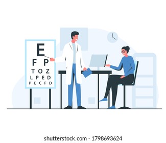 Ophthalmologist appointment interior. Vector concept illustration of male doctor oculist in the cabinet consulting female patient in eyeglasses and cheking her eyesight with a letters on a white board