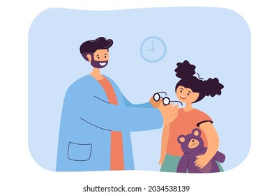 Ophthalmologist Assisting In Selection Of Glasses For Child. Flat Vector Illustration. Happy Girl And Optometrist Trying On Frame Of Her Glasses. Medical Appointment, Vision, Eye Examining Concept