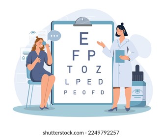 Ophthalmologist check vision. Woman at doctor closes one eye and calls letters, assessment of vision. Health care and specialist visits, spectacles technology. Cartoon flat vector illustration