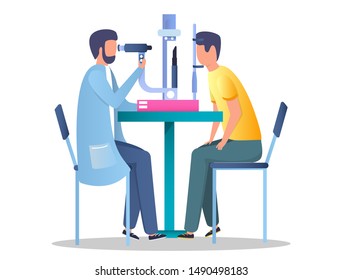 Ophthalmologist checking eyesight of his patient using eye test machine, vector flat illustration. Optometry, ophthalmology diagnostics, vision correction concept for web banner, website page etc.