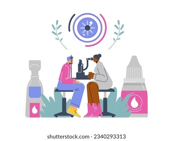 Ophthalmologist checking eyesight of patient using eye microscope test machine.Vector illustration of liquid solution for hygiene, moisturizing and care. Ophthalmology diagnostics, vision correction
