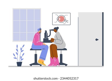 Ophthalmologe überprüft das Sehvermögen des Patienten mithilfe einer Augenmikroskoptestmaschine in der Klinik. Vektorflache Illustration der Optometrie, Augenheildiagnostik, Sehkorrektur, Inneneinrichtung auf Weiß