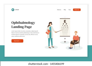 Ophthalmologist checking sight flat vector illustration. Professional doctor and patient characters on white background. Oculist doing vision test. Medical check, exam. Eyes health