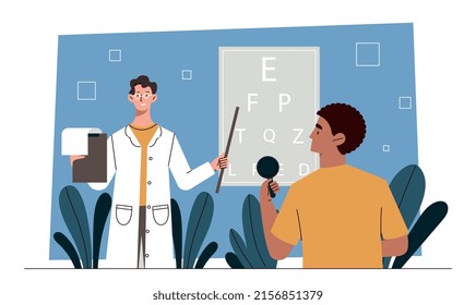 Ophthalmologist checking sight. Young guy came to doctor, examination and diagnosis. Person closes one eye and calls letters that specialist with pointer shows. Cartoon flat vector illustration