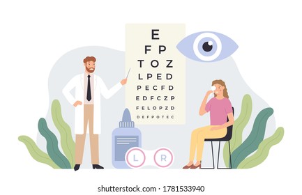 Ophthalmologist checking vision. Eye healthcare test, ophthalmology diagnostics and professional ophthalmologists in white coats vector illustration. Oculist doing eyesight examination