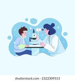 Ophthalmologist checks the patient's vision. Optical eye test. Good vision and care. Vector illustration in flat style