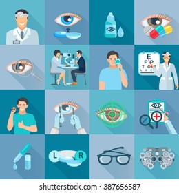 Ophthalmologist clinical treatments tests and vision correction flat icons collection with glasses abstract shadow isolated vector  illustration