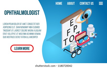 Ophthalmologist concept banner. Isometric banner of ophthalmologist vector concept for web, giftcard and postcard