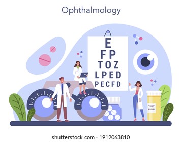 Ophthalmologist concept. Idea of eyesight check and treatment. Eyesight diagnosis and laser correction. Vector illustration in cartoon style