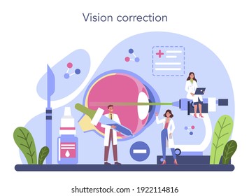 Ophthalmologist concept. Idea of eyesight check and treatment. Eyesight diagnosis and laser correction. Vector illustration in cartoon style