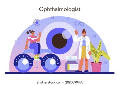 Ophthalmologist concept. Idea of eyesight check and treatment. Eyesight diagnosis and laser correction. Ophthalmology specialist. Flat vector illustration