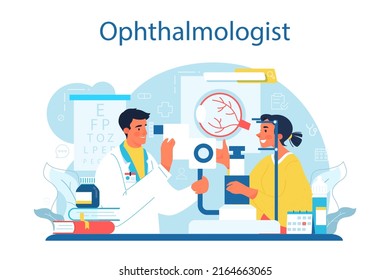 Ophthalmologist concept. Idea of eyesight check and treatment. Eyesight diagnosis and vision laser correction. Ophthalmology specialist. Flat vector illustration