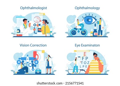 Ophthalmologist concept set. Idea of eyesight check and treatment. Eyesight diagnosis and vision laser correction. Ophthalmology specialist. Flat vector illustration