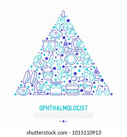 Ophthalmologist concept in triangle with thin line icons: glasses, eyeball, vision exam, lenses, eyedropper, spectacle case. Modern vector illustration for banner, print media, web page.