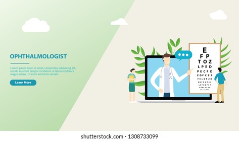 ophthalmologist consultationt website design template with doctor and patient with type board on laptop screen - vector illustration