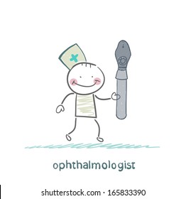 ophthalmologist with a device for eye tests
