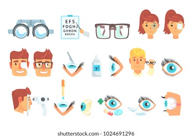 Ophthalmologist diagnostic set, treatment and correction of vision cartoon vector Illustrations