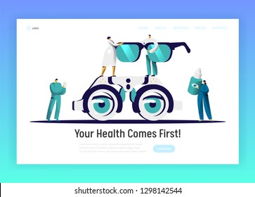 Ophthalmologist Doctor Analysis Eyewear Landing Page. Man Oculist Character Test Eye Drop. Medical Optometrist Laboratory Treatment Spectacles Website Flat Cartoon Vector Illustration