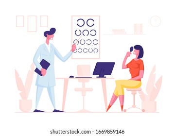 Ophthalmologist Doctor Character Checks Eyesight for Eyeglasses Diopter to Woman. Oculist with Pointer Checkup Eyesight. Professional Optician performs Vision Exam with Patient. Cartoon People Vector Illustration