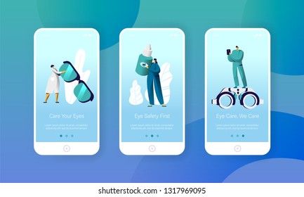 Ophthalmologist Doctor Check Eye Health Mobile App Page Onboard Screen Set. Man Oculist Character with Phone Analysis Glasses. Treatment Eyewear Website Flat Cartoon Vector Illustration