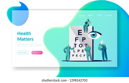 Ophthalmologist Doctor Check Eye Sight Landing Page. Man Oculist Character Analysis Eyesight. Medical Optometrist Team Care Drop for Treatment Website Flat Cartoon Vector Illustration