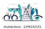Ophthalmologist Doctor Check Eyesight for Eyeglasses Diopter. Male Oculist with Pointer Checkup eye Sight. Professional Optician Team Exam Patient for Treatment Drop Flat Cartoon Vector Illustration