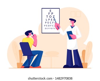 Ophthalmologist Doctor Check Eyesight for Eyeglasses Diopter. Male Oculist with Pointer Checkup Eye Sight. Professional Optician Exam Patient for Treatment Vision Cartoon Flat Vector Illustration