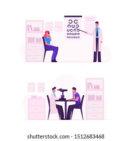 Ophthalmologist Doctor Check Eyesight for Eyeglasses Diopter. Male Oculist with Pointer Checkup Eye Sight. Professional Optician Exam Patient for Treatment Vision Cartoon Flat Vector Illustration