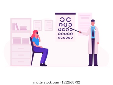 Ophthalmologist Doctor Check Eyesight for Eyeglasses Diopter. Male Oculist with Pointer Checkup Eye Sight. Professional Optician Exam Patient for Treatment Vision Cartoon Flat Vector Illustration