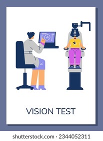 Ophthalmologist doctor check eyesight using a computer. Vision test flat poster. Professional optician exam for laser correction, eye surgery and vision treatment. Vector cartoon illustration on white