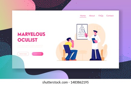 Ophthalmologist Doctor Check Patient Eyesight Website Landing Page. Male Oculist with Pointer Checkup Eye Sight. Professional Optician Exam Vision Web Page Banner. Cartoon Flat Vector Illustration