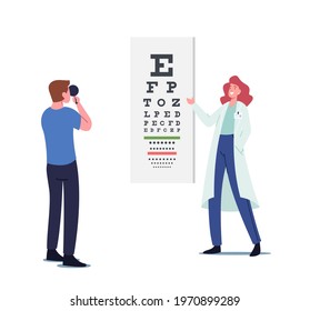 Ophthalmologist Doctor Check Up Patient Eyesight before Laser Correction. Oculist Character Conduct Eyecheck, Professional Optician Exam Treatment, Health Care. Cartoon People Vector Illustration