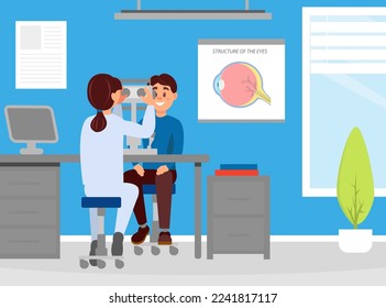 Ophthalmologist doctor checking eyesight of patient eye test machine. Consultation with optician in medical clinic cartoon vector