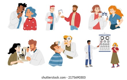 Ophthalmologist doctor checking patient eyes. People visiting oculist for optometry test and vision checkup. Medical optician treatment, glasses, focus correction, Line art flat vector illustration