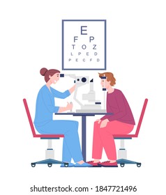 Ophthalmologist doctor examining eyesight vision of patient, vector cartoon character oculist checkup visual acuity. Eyes test procedure in hospital, illustration isolated on white background.