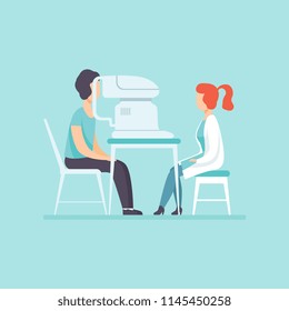 Ophthalmologist doctor examining patient eyesight with professional ophthalmological equipment, medical treatment and healthcare concept vector Illustration