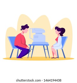 Ophthalmologist doctor examining patient. Oculist in the uniform check vision. Isolated vector illustration in cartoon style