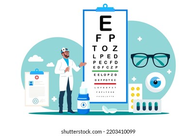 Ophthalmologist doctor eyesight check up. Eye test procedure and prescription glasses. Ophthalmology medical with glasses, eye examination, eye drop. Flat vector illustration.