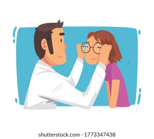 Ophthalmologist Doctor Helping Girl Patient with Diopters Dlasses Selection, Ophthalmology Diagnostics, Vision Correction, Medical Treatment and Healthcare Cartoon Vector Illustration