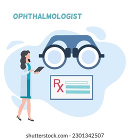 An ophthalmologist doctor holding document stand next to optical visual test in blue pastel background