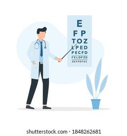 Ophthalmologist doctor near eye chart. Ophthalmology medical concept, eye examination. Vector illustration.